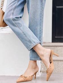 Women's Bow Tie Mule Heels Pointed Toe Studded Backless Stiletto Slip On Dress Pumps - 卡其色 - 查看 3