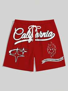 男士字母印花运动短裤，带口袋，透气涤纶，适合运动和休闲穿着