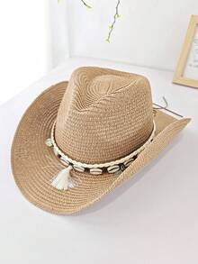 Cappello di paglia bohémien unisex, nuovo Panama intrecciato, stile cowboy o cavaliere, cappello da spiaggia per protezione solare per vacanze primaverili/estive - Multicolore - Visualizzare 2