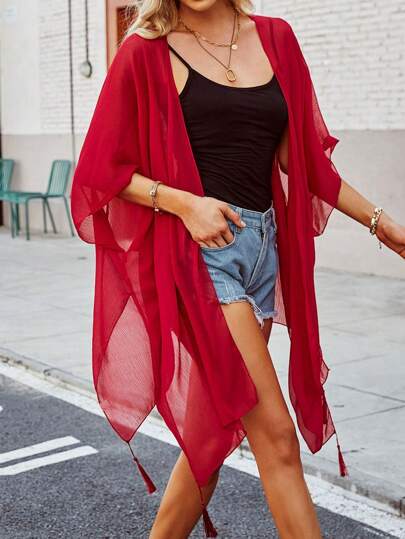 1 pieza Camisola de mujer de gasa con flecos, estilo kimono de corte casual y suelto, apropiada para viajes de verano y sesiones de fotos