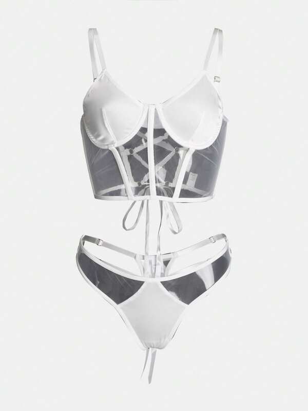 Conjunto de 2 piezas de lencería sexy para mujer con sostén, cuello de círculo con adorno y diseño hueco para uso en discoteca y espectáculos