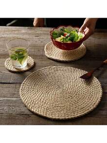 A Round Jute Woven Placemat, A Pure Hand-Woven Straw Coaster, A Japanese-Style Heat-Insulating And Scald-Proof Bowl Mat And Pot Mat. It Is Suitable As A Heat-Insulating Table Mat For Dining Tables At Home, For Decoration, And As A Wedding Decoration Mat. - Yellow - View 3