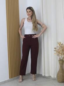 Women's Refreshing Plain Tailored Trousers With Button - Maxma 6631 - Coffee Brown - View 2