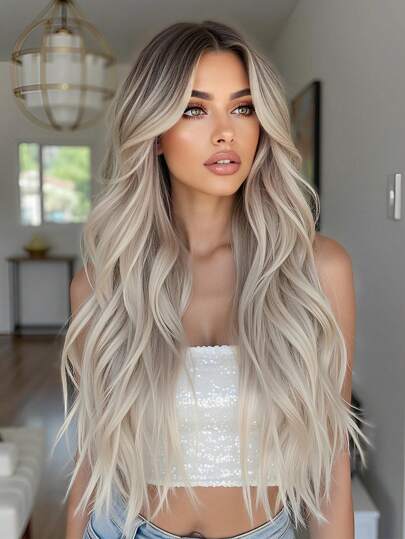 Fashion Butterfly Haircut 26 Inch Brown Gradation Curly Wavy Hair Wigs Synthetic Middle Part Hair Wigs For Women Girls Synthetic None Lace Wigs Coachella Music Festival