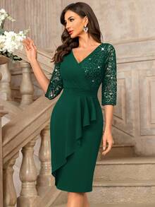 MIUSOL Woman's Elegant V-Neck Sequin Floral Lace Midi Dress, Ruched Waist, Contrast Ruffle Trim Wrap Hem 3/4 Sleeve Cocktail Party Fitted Dress, For Wedding - 墨綠色 - 查看 5