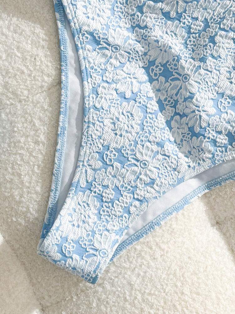 New Lace Fabric Spaghetti Strap Solid Color One-Piece Swimsuit (Women) Vacation Beach - Blue - View 5