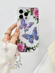 1pc Perforated Transparent Floral & Butterfly Painted Thickened Anti-Fall Protective Phone Case, With Handmade Beaded Flower Bracelet Accessory, Fit For 16/16 Pro/16 Plus/16 Pro Max, 15 Pro Max, 16e, 15, 14, 13, Compatible With Apple P13, P14, P11, P12, XS, XR, 7/8 P, 7/8GES2, Compatible With Galaxy, Compatible With IPhone, Compatible With Redmi,International Version, Not The Domestic Version - Multicolor - View 4