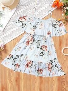 Kilottor Tween Girls' Floral Print Off-Shoulder Ruffle Hem Dress, Spring/Summer - Blue - View 4