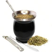 Norte Yerba Mate Cup Kit, 8-Ounces Traditional Mate Tea Cup/Gourd Set | Includes 2 Bombillas (Yerba Mate Straw) & Cleaning Brush, Stainless Steel Cup, Double-Walled, Easy To Clean | Black