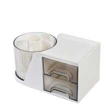 2-Drawer Rotating Desk Organizer, Pen Holder, Desktop Storage Rack And Shelves With 4 Compartments + Drawers, Suitable For Office, Home And Art Supplies