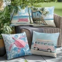 4 vỏ gối in hình xe cắm trại mùa hè màu nước, nhung đào thân thiện với da, in một mặt, vỏ gối 45*45CM dùng để trang trí trong nhà, quà tặng vỏ gối trang trí - Nhiều màu - Xem 2