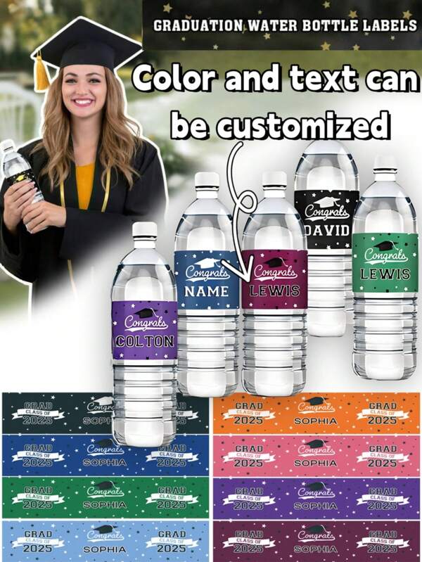 50/120 bottiglie d'acqua personalizzate per laurea con etichette impermeabili disponibili in più colori e con testo personalizzabile. Le etichette per bottiglie d'acqua, gli adesivi decorativi e le forniture per la festa sono adatti per la stagione della laurea, le cerimonie di laurea, le feste e altre occasioni. Multifunzionali, ornamentali, riutilizzabili, raffinati, eleganti, di alta qualità, colorati, moderni, personalizzati, unici, rinnovano la casa