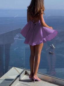 Vestito corto da donna con scollo a V profondo, spalline sottili, schiena scoperta, linea ad A, balze sul fondo, adatto per vacanze, strada e stile tropicale, primavera/estate