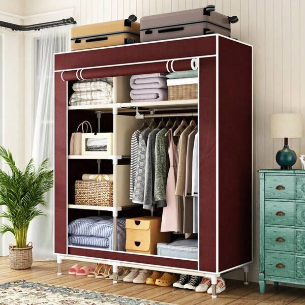 Moderne kompakte mehrstöckige Aufbewahrung, einfacher Kleiderschrank, geeignet für Wohnheim und Zuhause, zusammengebaut, große Kapazität Kleiderständer, stabiler Stahlrahmen, Aufbewahrungsschrank
