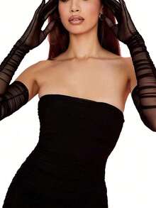 1 双黑色手套歌剧手套女式哥特薄纱超长手套，黑色弹性蕾丝网，半透明歌剧万圣节晚宴手套纯色优雅新娘手套婚礼部分万圣节配饰冬季手套sy2k 婚礼 - 彩色 - 查看 11