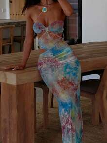 Sexy Backless Printed Form-Fitting Dress, Slimming & Revealing - Blue - View 8