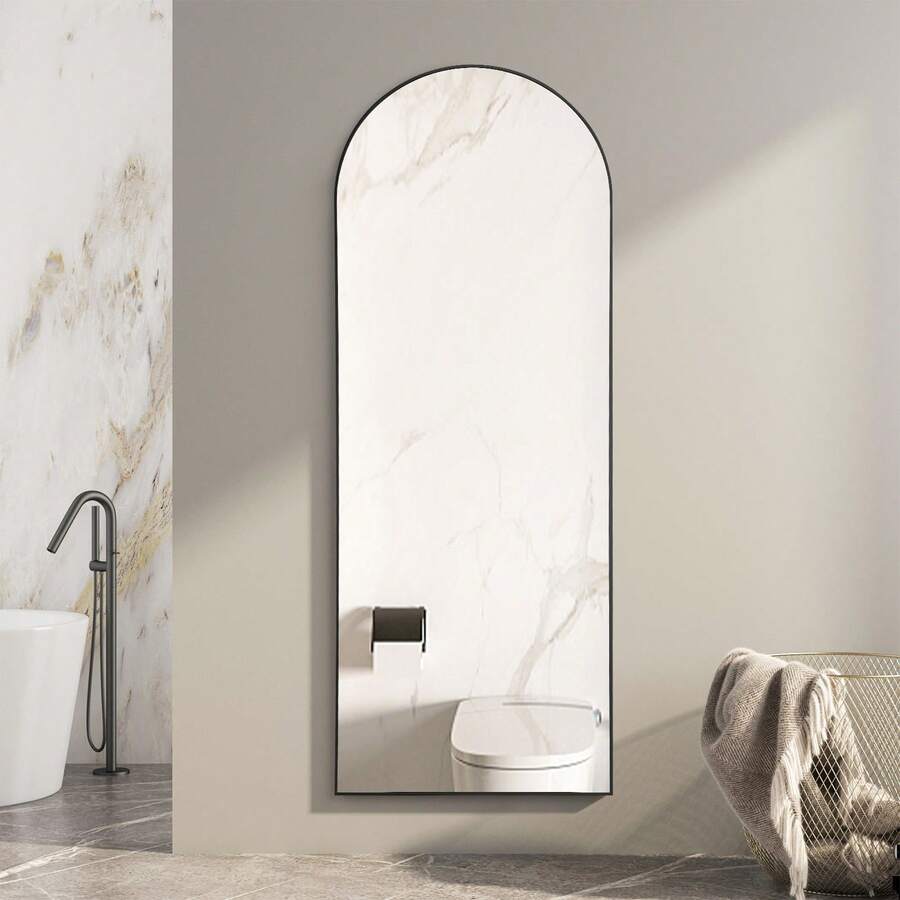 Sweetcrispy Arched Full Length Mirror 64"X21" For Bedroom, Full Body Mirror With Stand, Hanging Or Leaning For Wall, Aluminum Alloy Thin Frame Floor Standing For Living Room, Tall, Black