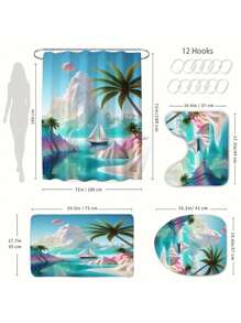 1 Peça/4 Peças Conjunto de Cortina de Chuveiro com Tema de Praia com Letras em Bolhas, com Tapete Antiderrapante, Tampa de Assento Sanitário, Tapete de Banheiro e 12 Ganchos de Plástico - Lavável em Máquina, Decoração de Banheiro em Poliéster Resistente a Manchas, Adequado para Todas as Estações - Acessórios de Banho com Tema Natural de Volta às Aulas