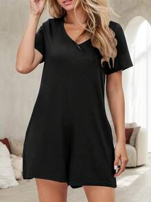 tooluck Women's Summer Casual Rompers Short Sleeve V Neck Loose Fit Jumpsuit 2025 One Piece Jumps - 黑色 - 查看 4