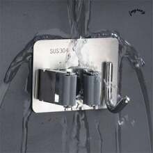 1pc Stainless Steel Mop And Broom Holder, Wall Mounted With Hooks, No Drilling Easy Installation, Polished Surface, Space Saving Home And Bathroom Organizer, Practical Hooks
