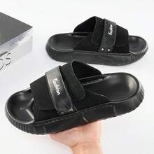 Salkin New Men Casual Slippers, Hook And Loop Closure Solid Color Simple Style, Soft Comfortable Non-Slip Sole, Suitable For Indoor, Beach, Strap Breathable Thick-Sole Odor-Resistant Slides - Black - View 1