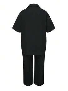 Set 2 Piese Marime Plus Cu Guler, Bluză Lejeră De Buzunar + Pantaloni Lungi Largi