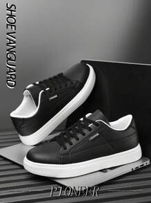 Men's Minimalist Style Black Detail Lace-Up Casual Sneakers, Comfortable Outdoor Sports Trainers