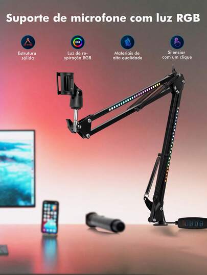 Suporte de Microfone RGB Iluminado – Equipamento Profissional para Transmissões com Efeito de Luz Respiratória e Silêncio com Um Clique