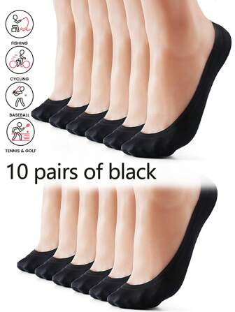 5 双/10 双装多色加大码运动户外内衬隐形袜，夏季清凉船袜，女士春夏季薄款真丝船袜，硅胶防滑低帮隐形袜，适合夏季高跟鞋，加长加大码真丝船袜