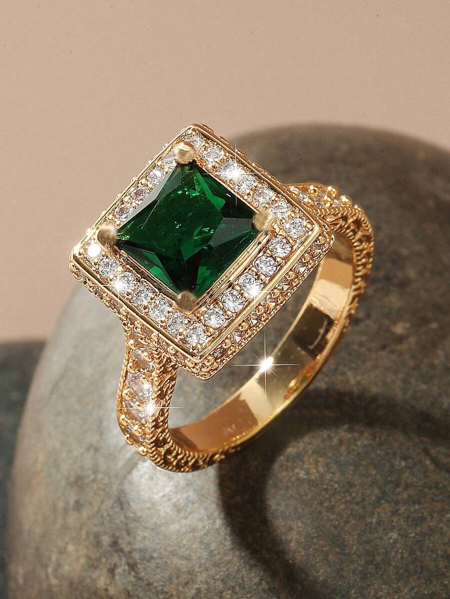 Geometric Cubic Zirconia Decor Ring For Women For Party Banquet Wedding - Yellow Gold - View 1