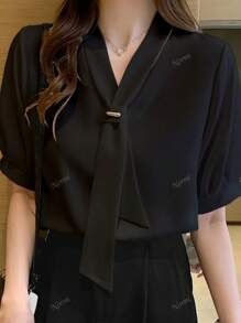 Women's Casual & Office Solid Color Tie Neck Short Sleeve Blouse