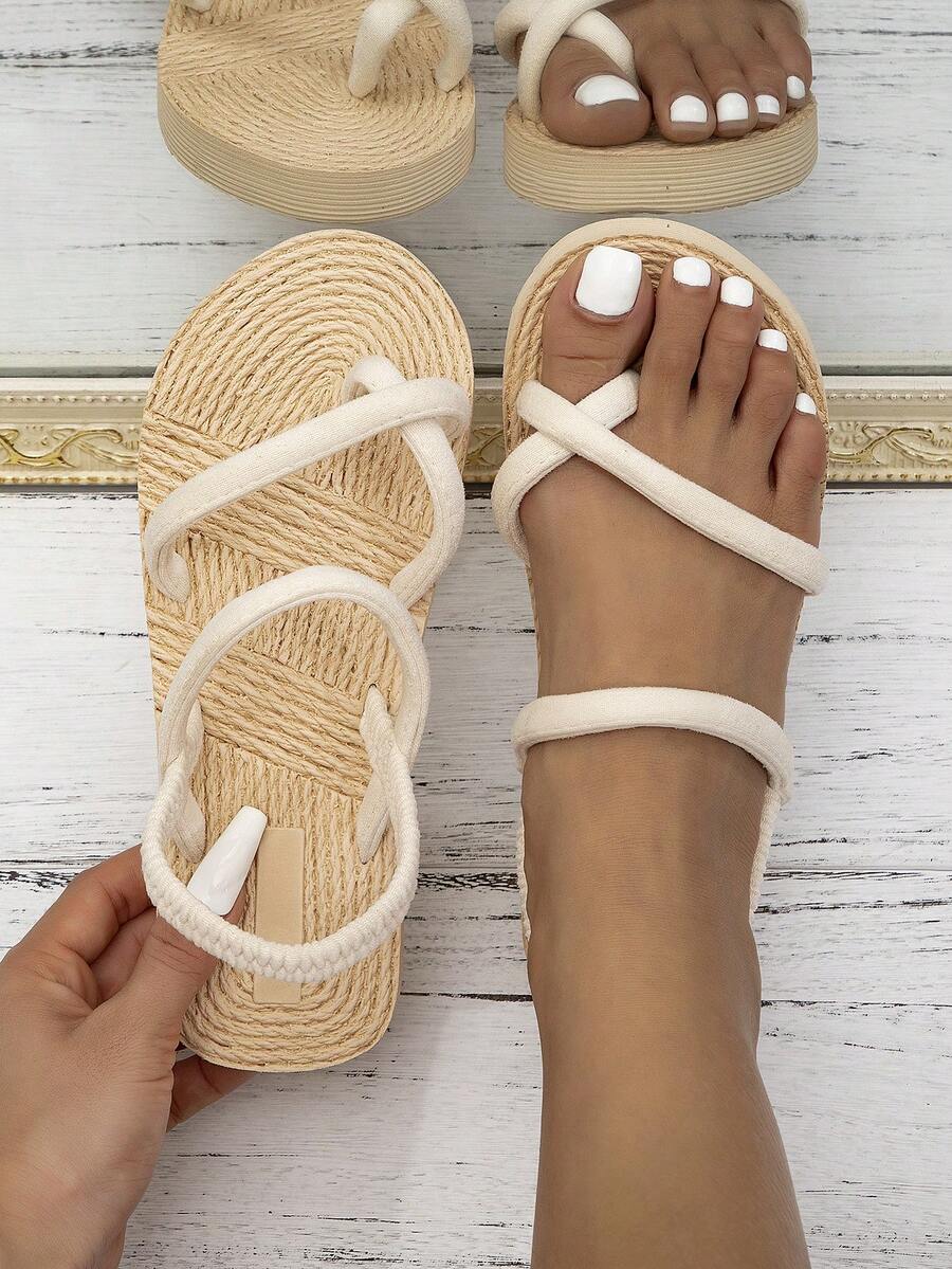 Giày dép thời trang nữ, dép xăng đan đế bằng bằng rơm mùa hè, dép đi biển thường ngày, đế bằng vải lanh, dép xỏ ngón. - Màu be - Xem 1