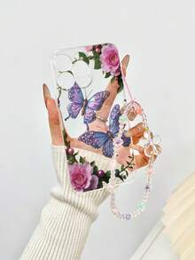 1pc Perforated Transparent Floral & Butterfly Painted Thickened Anti-Fall Protective Phone Case, With Handmade Beaded Flower Bracelet Accessory, Fit For 16/16 Pro/16 Plus/16 Pro Max, 15 Pro Max, 16e, 15, 14, 13, Compatible With Apple P13, P14, P11, P12, XS, XR, 7/8 P, 7/8GES2, Compatible With Galaxy, Compatible With IPhone, Compatible With Redmi,International Version, Not The Domestic Version - Multicolor - View 5