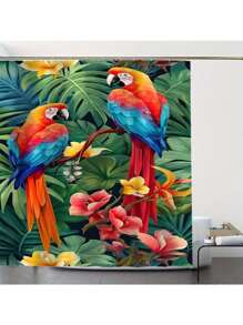 1 件/4 件套森林鹦鹉浴帘，带防滑垫、马桶盖、浴室垫和 12 个塑料挂钩 - 可机洗，耐污涤纶浴室装饰，适合所有季节 - 自然主题沐浴配件套装 - 彩色 - 查看 10
