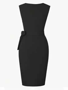 Vestido plisado anudado con cuello en V sin mangas para mujer, vestido asimétrico de longitud media con falda irregular, retro, elegante y de moda. - Negro - Ver 3