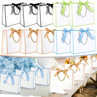 5 件带手柄的感谢礼品袋婚礼纸质欢迎回礼品袋带蝴蝶结丝带白色礼品包装袋适用于婚礼生日新娘送礼会毕业派对礼品