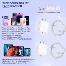 FCV 1-2 Packs 20W PD USB C Wall Fast Charger Adapter With 3FT/6FT Type C To Lightning Cable Compatible With IPhone 14 13 12 11 Pro Max XR XS X SE [DOESN'T WORK WITH I Phone 15/16]
