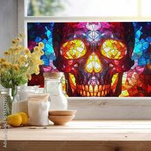 1 Rolle leicht zuschneidbare einseitig bunte Skelett Fensterfolie mit Frosteffekt, statische Haftung ohne Klebstoff, Buntglas Fensterfolie Kunst Dekoration, Fensteraufkleber, Fenstersticker