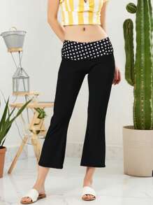 Womens Capri Pants Leggings Low Waist Dots Print Slim Fit Flare Pants Pull-On Trousers