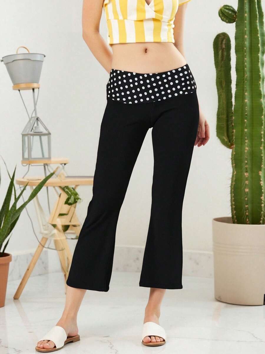 Womens Capri Pants Leggings Low Waist Dots Print Slim Fit Flare Pants Pull-On Trousers