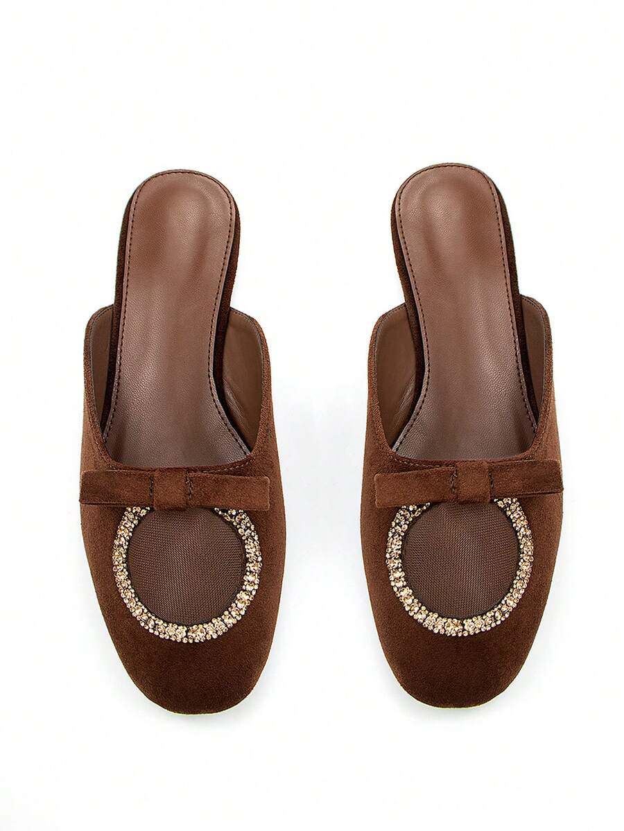 Fall/Winter Women's Elegant Rhinestone Hollow Vamp Bow Decor Brown Suede Square Toe Slip-On Mule Flats, Comfortable Everyday & Party Wear - Brown - View 1