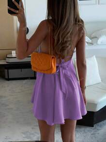 Vestito corto da donna con scollo a V profondo, spalline sottili, schiena scoperta, linea ad A, balze sul fondo, adatto per vacanze, strada e stile tropicale, primavera/estate