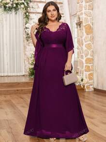 Robe élégante de soirée, de mariage, d'anniversaire, de remise de diplôme, de bal de promo, d'événement formel, avec encolure en V à volants en dentelle florale contrastée et manches à volants en mousseline de soie