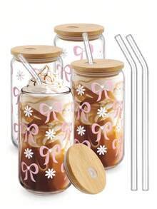 1pc Aesthetic Glass Cup With Lid & Straw Set - Pink Bow Iced Coffee Cup Decor, Cute Glass Cup Smoothie With Cleaning Brush And Gift Box, Gift For Girls And Women, 16 Oz - Multicolor - View 1