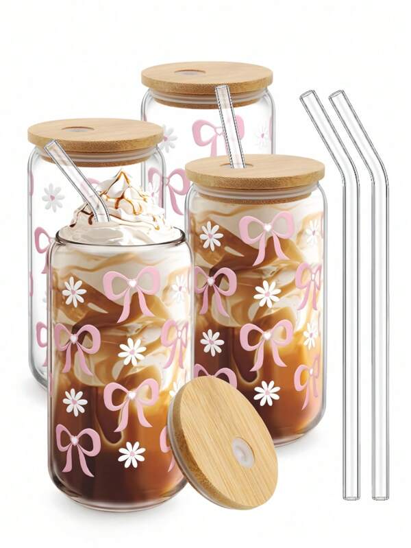 1 Stück ästhetischer Glas-Becher mit Deckel & Strohhalm Set - Pink Schleife Eiskaffee-Becher Deko, süßer Glas-Smoothie-Becher mit Reinigungsbürste und Geschenkbox, Geschenk für Mädchen und Frauen, 16 Oz