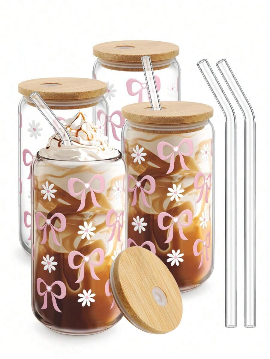 1pc Aesthetic Glass Cup With Lid & Straw Set - Pink Bow Iced Coffee Cup Decor, Cute Glass Cup Smoothie With Cleaning Brush And Gift Box, Gift For Girls And Women, 16 Oz - Multicolor - View 1