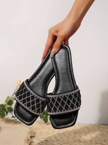 Women's Strap Rhinestone Decor Casual Sandals, Outdoor Plastic Flat Slippers
