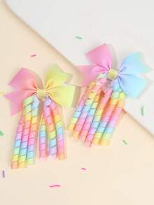 2pcs Rainbow Korker Hair Bows For Baby Girls Ombre Curly Korker Bow Alligator Clips Delicate Elegant Hair Clips Toddler Girl Bows Barrettes Kids Baby Hair Accessories - Gradient - View 2