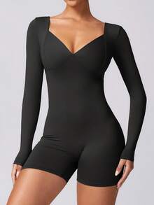 NcmRyu 1 Pc Solid Color Stylish Yoga Jumpsuit Casual Athletic Bodysuit With Long Sleeves Machine Washable Form Fitting For Yoga Fashionable Tummy Control Shapewear Summer - Black - View 4