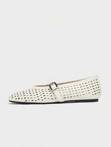 女士芭蕾舞鞋，透气镂空圆头玛丽珍鞋，白色